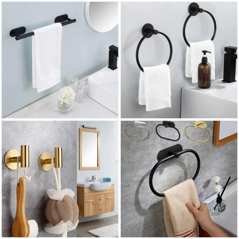 Adhesive Bathroom Hardware Accessories Towel Rack Toilet Paper Dispenser Holder Wall Coat Hooks Towel Rail Ring Roll Hanger Set