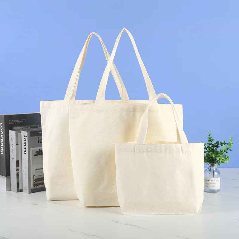 Large Capacity Canvas Shoulder Handbag Folding Eco-Friendly Cotton Tote Bags Reusable DIY Shoulder Bag Grocery Bag Beige White