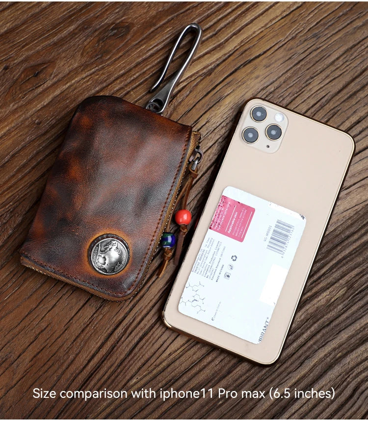 Vintage Cow Leather Coin Purse for Men Handmade Genuine Leather Change Pouch Key Holder Card Slot Storage Bag with Zipper