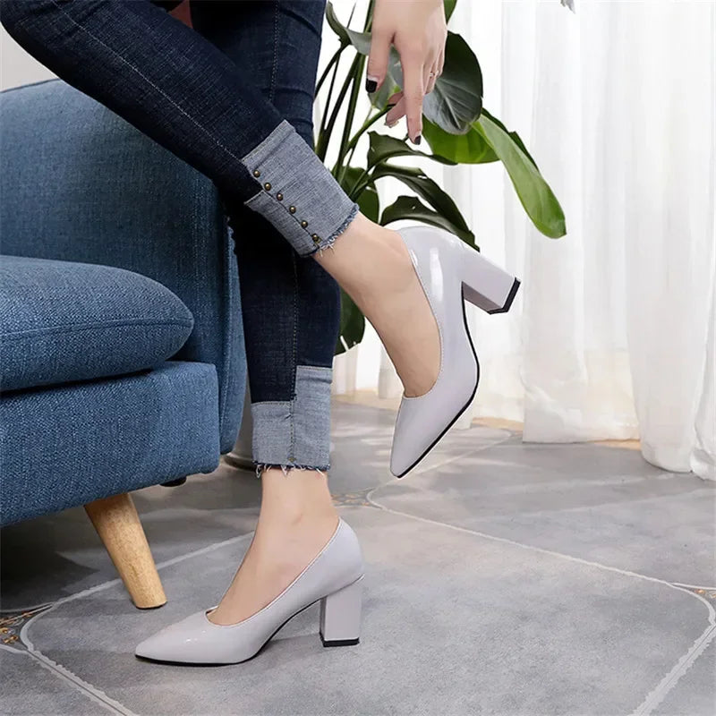 New Women Pumps Black High Heels  Lady Patent Leather Shallow Thick with Autumn Pointed Single Shoes Slip-On Female Shoes