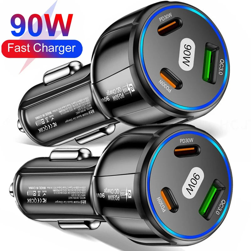 90W QC3.0 PD Type C USB Car Charger 3-in-1 Fast Charging for IPhone 14 Xiaomi Samsung Charger Cigarette Lighter Adapter Charger