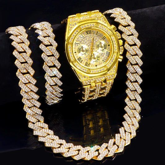 14MM Necklace+Watch+Bracelet Iced Out Watches For Men 2 Row Rhinestone Cuban Chain Necklace Set Women Men Hiphop Jewelry Gift