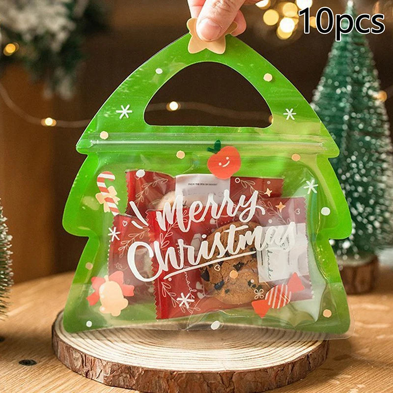 10Pcs Christmas Tree Handle Gift Bag For Candy Chocolate Cookie Nougat Biscuit Packing Gift Zipper Packaging Bags