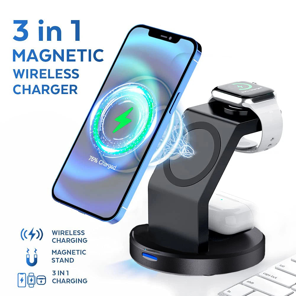 3-in-1 Magnetic Wireless Charger Stand for MagSafe 15W Fast Charging Dock Station for Apple Watch iPhone 15/14/13/12 pro max