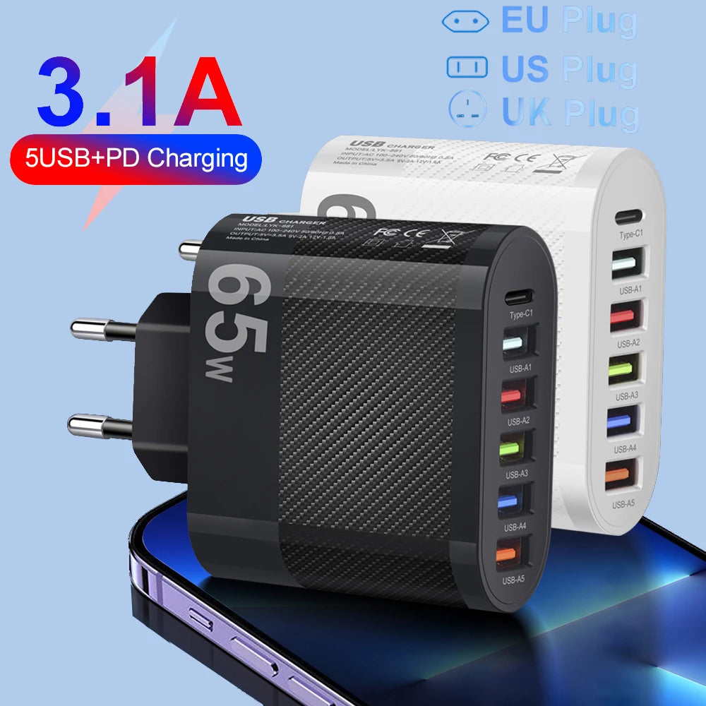 شاحن USB 3.1A 5 منافذ PD محول شحن لهاتف Xiaomi iPhone 13 Samsung المحمول شاحن حائط QC 3.0