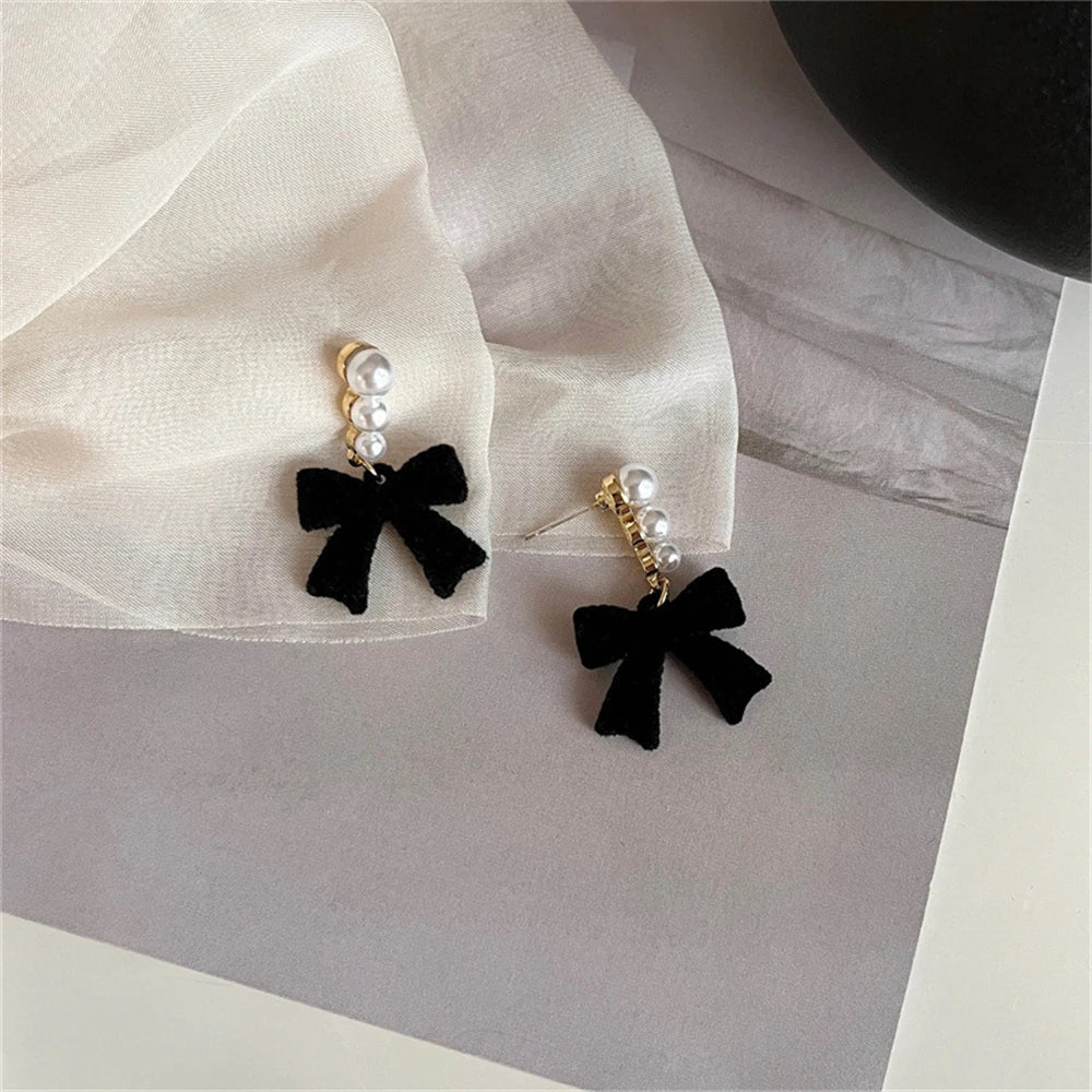 Bulbusbow Red Black Bowtie Earrings for Women and Girls with Simulated Pearls - Geometric Drop Earrings