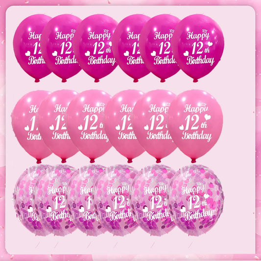 30 Pcs Happy 12nd Birthday  Latex Balloons Princess Balloons Pink Balloons for Girl 12 Years Old Birthday Party Decorations