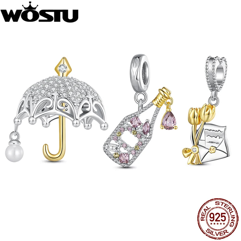 WOSTU 浪漫法国香槟吊坠伞形吊坠 925 纯银 18K 金双色珠适合 DIY 手链项链