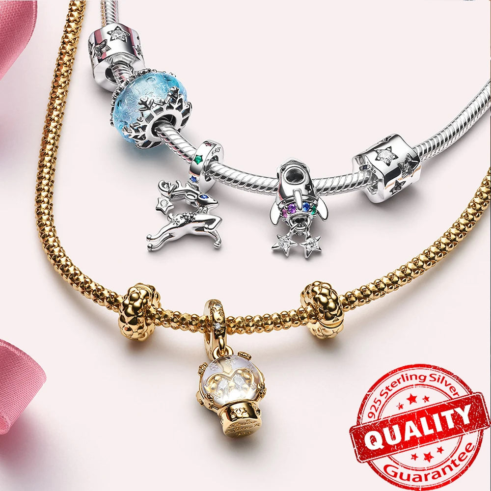 Luxury 925 Sterling Silver Sparkling Monstera Leaf & Two-tone Spinning Wheels Bicycle For Gold Dangle Charm Fit Pandora Bracelet