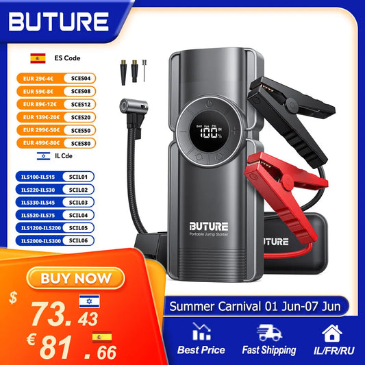 Buture 4 In 1 Jump Starter 150PSI Pump Air Compressor 20000mAh Power Bank 2500A Starting Device 15V Digital Tire Inflator