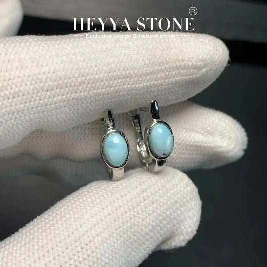 HEYYA STONE Natural Larimar Hoop Earrings 925 sterling silver Simple Classic Round Circle Gemstone Jewelry