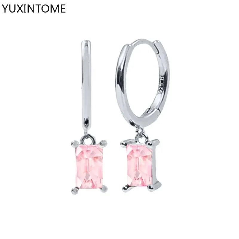 Bulbusbow 925 Sterling Silver Pink Crystal Heart Hoop Earrings – Elegant Geometric Pendant for Women