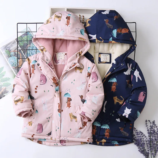 Autumn Winter Girl Jacket Coat Cartoon Printed Waterproof Plus Velvet Warm Girl Outerwear 4-14 Year Kids Teenage Girl Parka