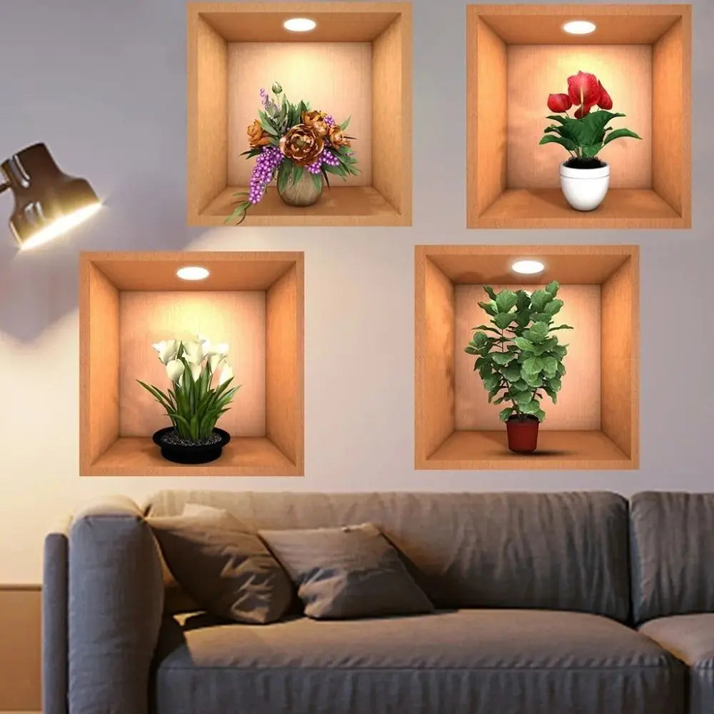 PVC Creative Green Plant Simulate 3D Wallpapers Self Adhesive Simple Plant Potted Wall Stickers Living Room Decorations