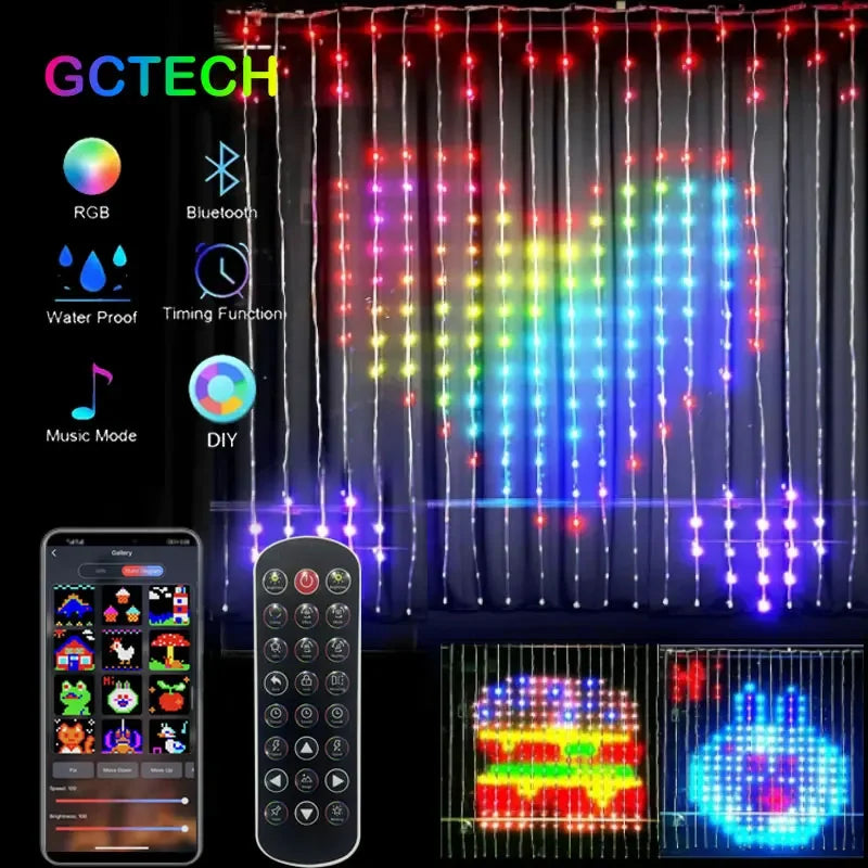 LED Decoration RGB curtain Smart Lights App Controlled String Fairy Lights DIY Pattern and Text Programmable Music Sync Reote