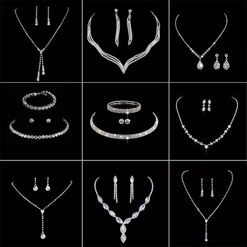 Luxury Crystal Bride Jewelry Set Rhinestone Wedding Dress Banquet Zircon Chain Necklace Dangle Earring Sets Ladies Accessories