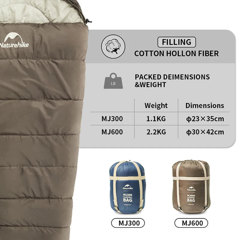 Naturehike Sleeping Bag MJ300 -1℃ Lightweight MJ600 -12℃ Mummy Sleeping Bag Outdoor Camping Cotton Winter Warm Sleeping Bags