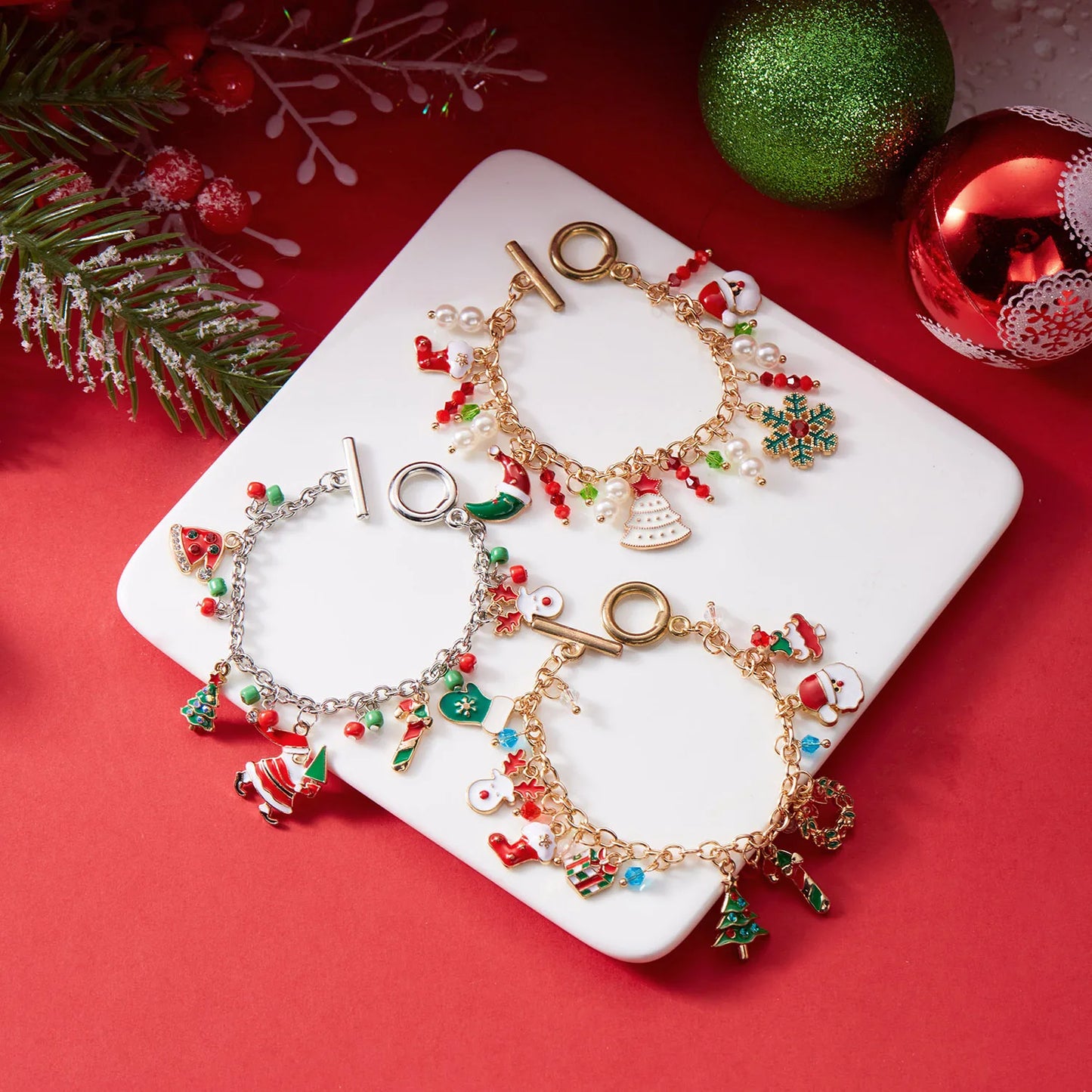 Creative Christmas Metal Chain Bracelet For Women Men Santa Claus Christmas Tree Snowflake Snowman Pearl Bangles New Year Gifts