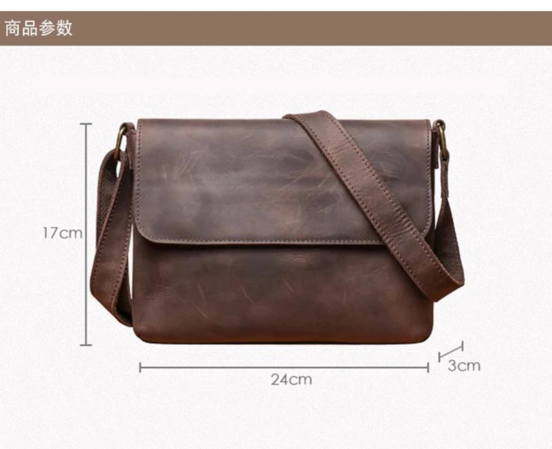 Men's Cowhide Bag Flap Fashion Shoulder Bag 7.9 inch ipad phone bag Vintage Leather Crossbody Bag Gift for Husband