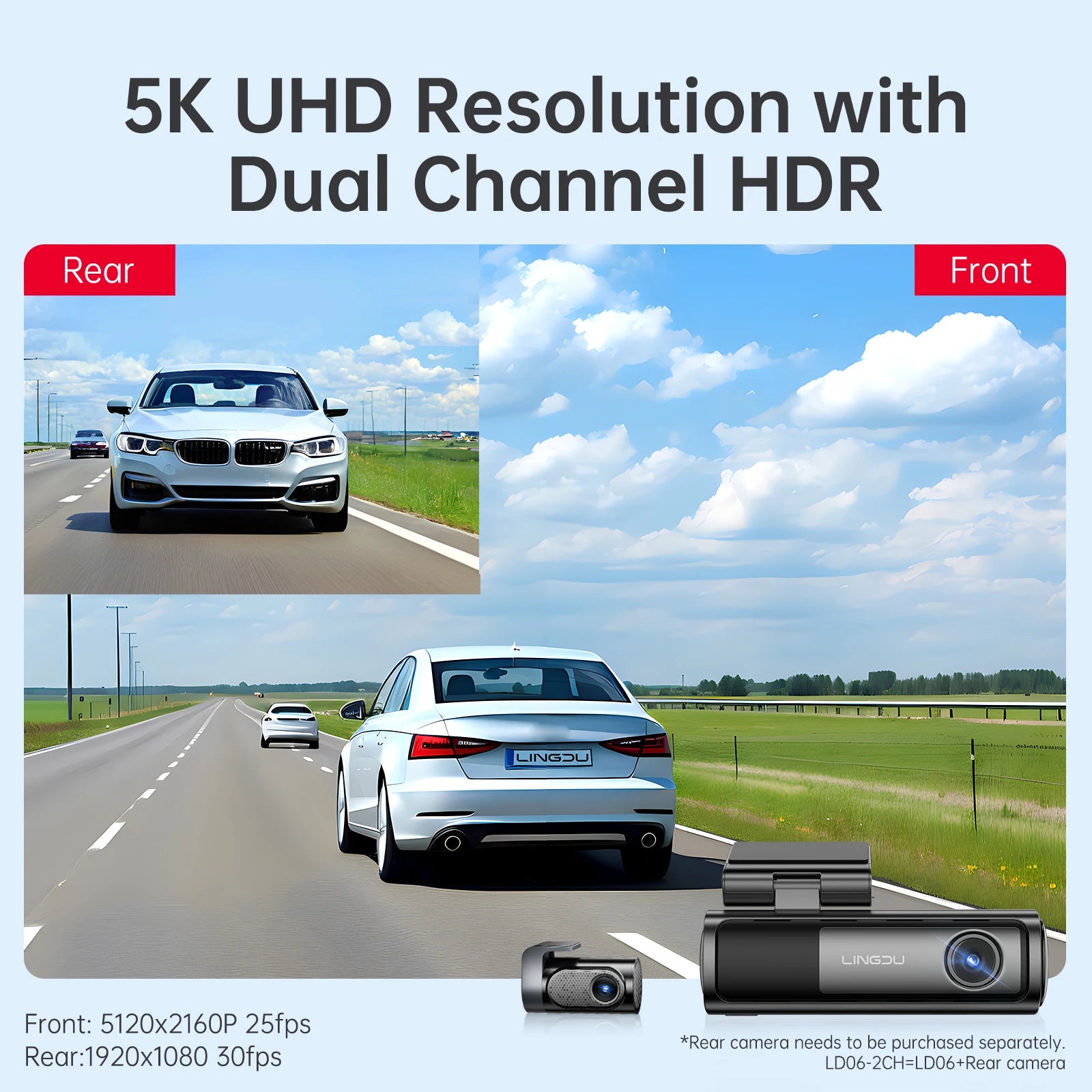 LINGDU 5K 行车记录仪 LD06 前置摄像头 内置 WiFi GPS 摄像头 车载 DVR 录像机 WDR 夜视 24H 停车 汽车配件