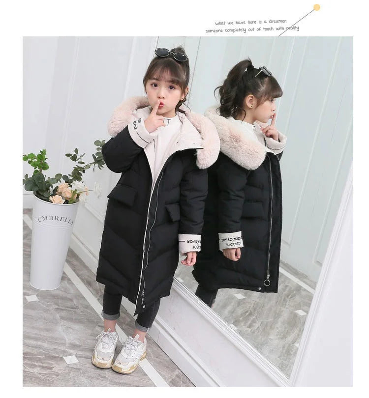 New Girls clothing Winter Warm down Cotton Jackets Children parka faux Fur Collar Coat Girl Thicken overalls Hooded kids Clothes