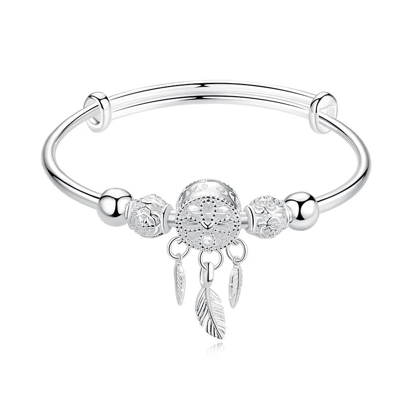 Adjustable 999 Sterling Silver Dreamcatcher Tassel Feather Round Bead Charm Bracelet Women Bangle Boutique Jewelry Accessorie