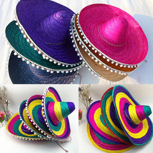 Mexican Pompom Straw Hat Shawl Hawaiian Style Halloween Cosplay Wedding Costume Party Carnival Holiday Decorations