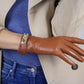 DooWay Women Real Leather GLOVES TECH Wrist Short Brown Lambskin Sheepskin Golden Button Lock Closure Driving Warm Winter Glove