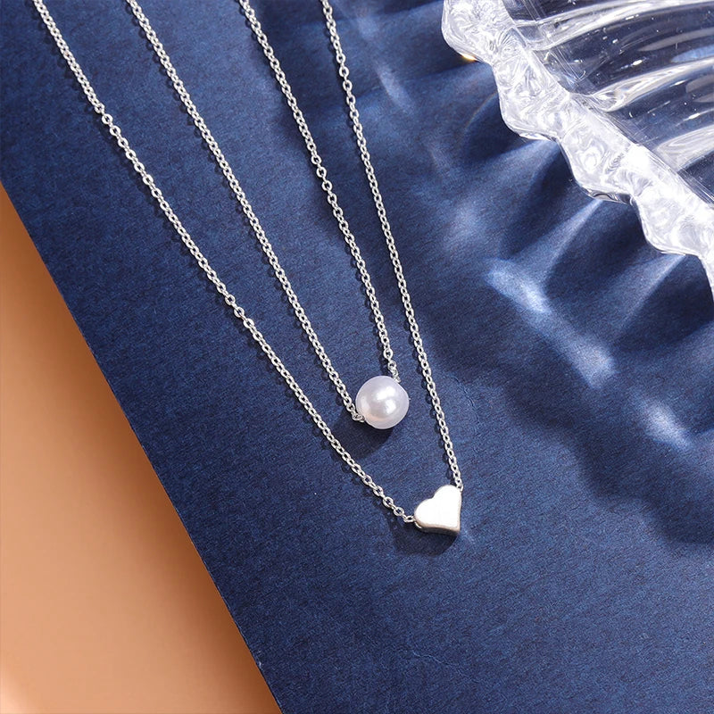 925 Sterling Silver Double-Layer Layered Pearl Necklace Fashionable Love Pendant Collarbone Chain Temperament Luxury Jewelry