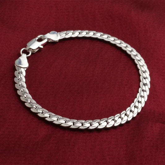 925 Sterling Silver Bracelet 5mm 20cm Flat Side Chain Lobster Clasp Bracelet For Woman Man Party Wedding Engagement Jewelry Gift