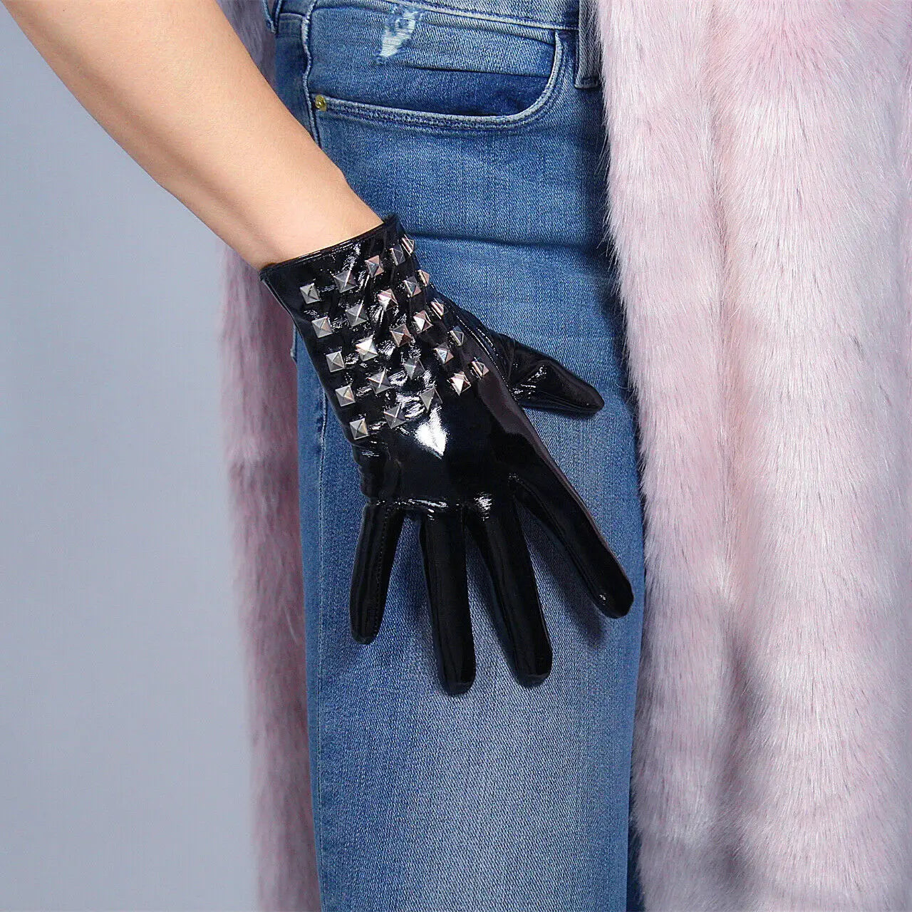 DooWay Women's Shiny Black Short Leather Gloves TECH Faux Winter Warm Metal Studs Cool Club Wear Cosplay Costume Driving Glove