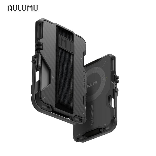 Aulumu G03 Men's Magnetic Carbon Fiber Black Wallet Card Case Compatible with MagSafe Multi Function Phone Stand Grip RFID Card