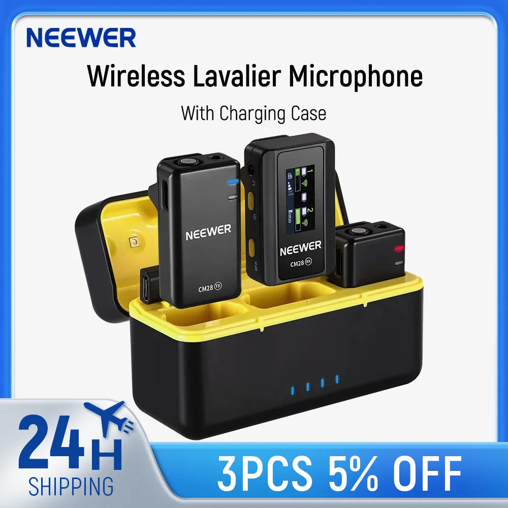 NEEWER CM28 Wireless Lavalier Microphone with Charging Case 1 Click Noise Canceling Audio Lapel Mic For iPhone/Android/PC/Camera