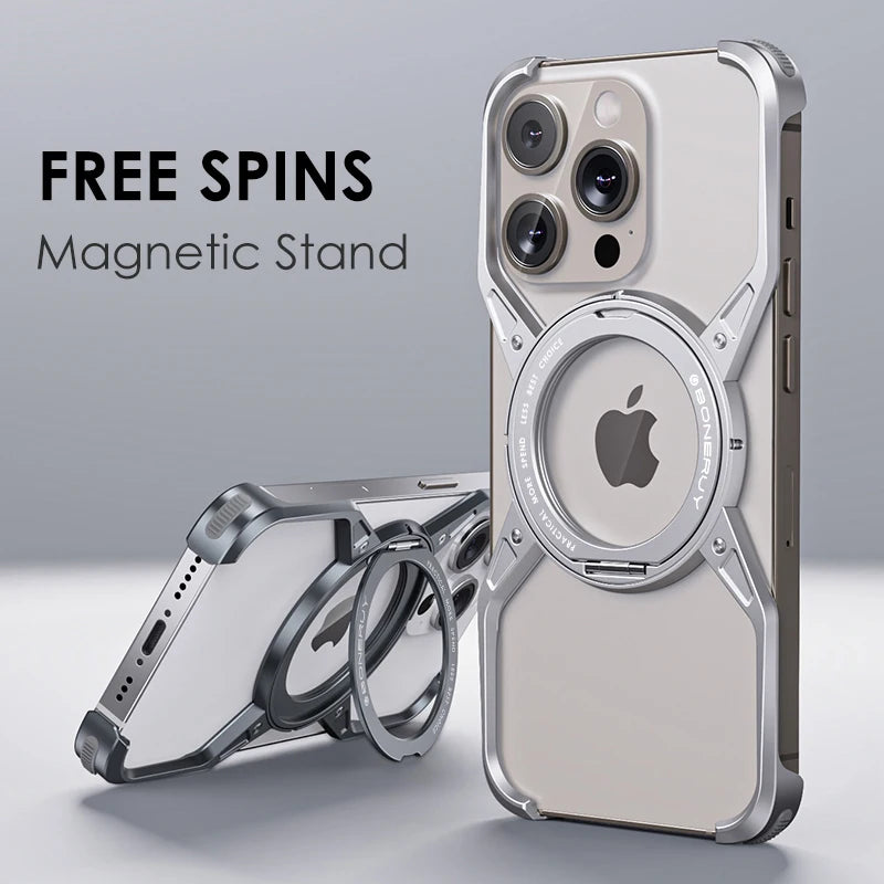 Aluminum Alloy Magnetic MagSafe Stand Phone Case For iPhone 14 13 15 16 Pro Max 16Pro Metal Hollow Rimless Bumper Cover Funda