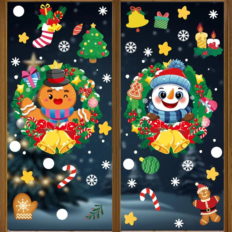 Merry Christmas 2024 Window Decoration Stickers Electrostatic Glass Decals Santa Claus Snowman Snow Flake Pattern Xmas Ornaments