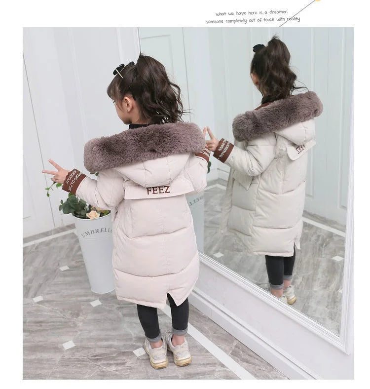 New Girls clothing Winter Warm down Cotton Jackets Children parka faux Fur Collar Coat Girl Thicken overalls Hooded kids Clothes