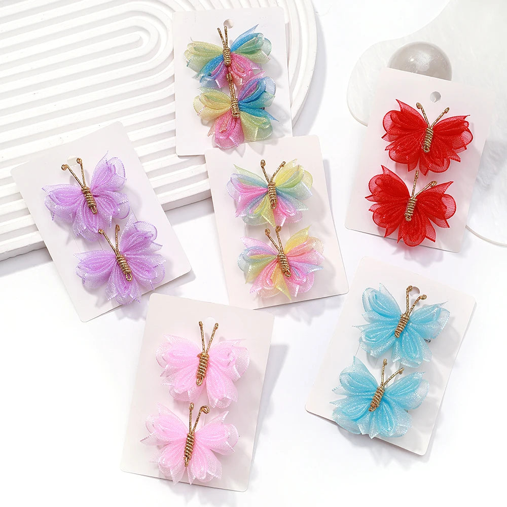 2pcs/set Butterfly Hair Clip Gradient Flocking Hairpins with Gold Cute Gauze Headwear Girls Children Hair Accessories Gift