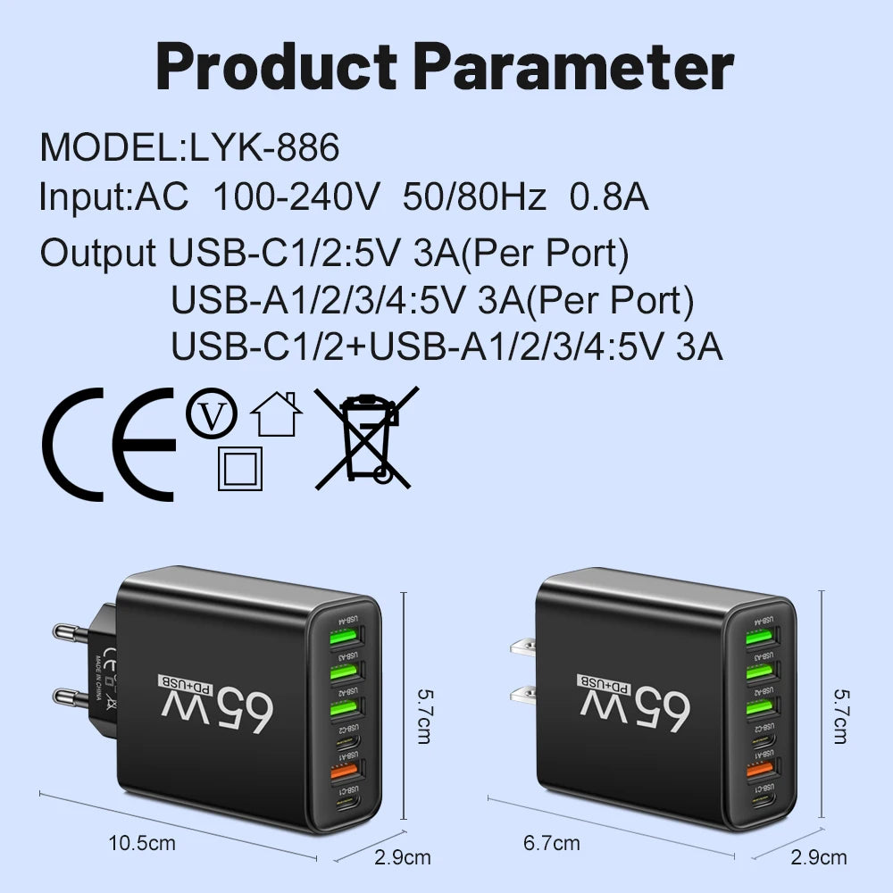 总计 65W 6 合 1 4 USB 2 Type C 快速充电快速壁式充电器适用于 iPhone 三星小米华为 Oppo 手机适配器