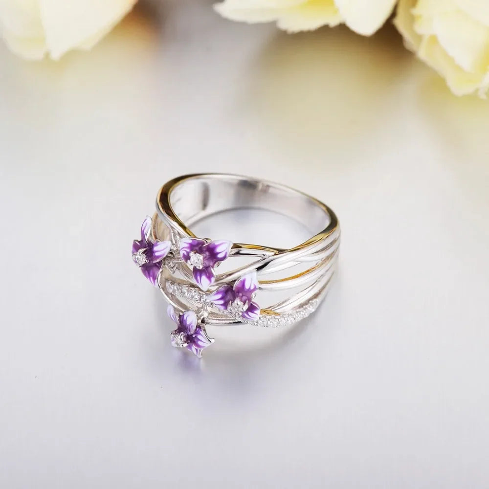 Authentic 925 Sterling Silver Stackable Violet Drop Glue Ring Daisies Flower Zircon Finger Ring for Women Jewelry Gift Bijoux