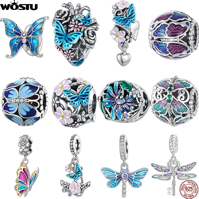 WOSTU 925 Sterling Silver Vintage Butterfly Charms Garden Pendant Blue Flower Bead Fit Original Bracelet DIY Jewelry Making