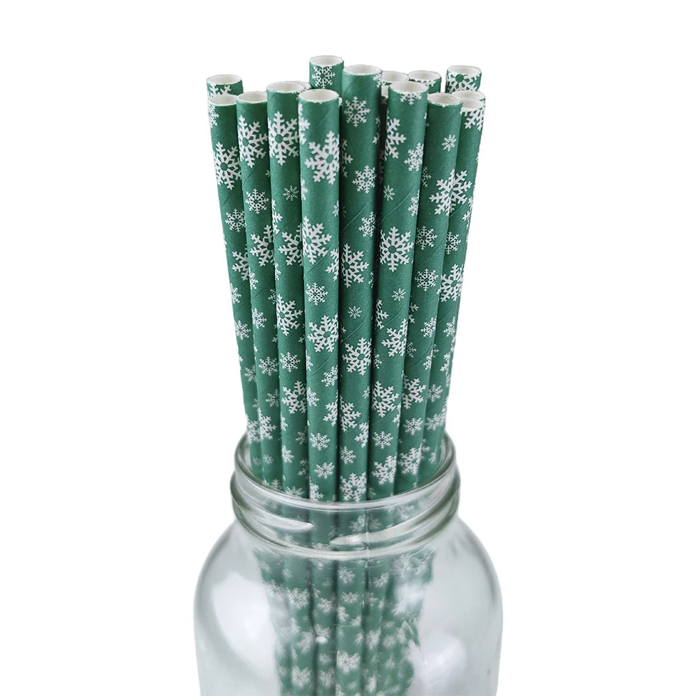 25/50/100pcs Christmas Party Favors Paper Straw Christmas Tree Elk Snowflakes Party Biodegradable Drinking Stripe Straw for Xmas