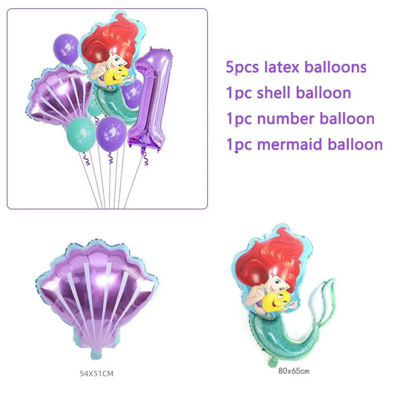 Disney The Little Mermaid Birthday Balloons Ariel Princess Paper Plates Napkins Cups Tablecloth Kids Party Decorations Supplies