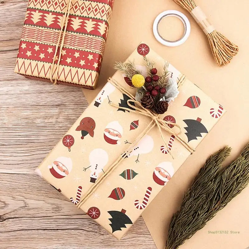 QX2E Retro Christmas Gifts Wrapping Papers DIY Present Packing Kraft Wraps