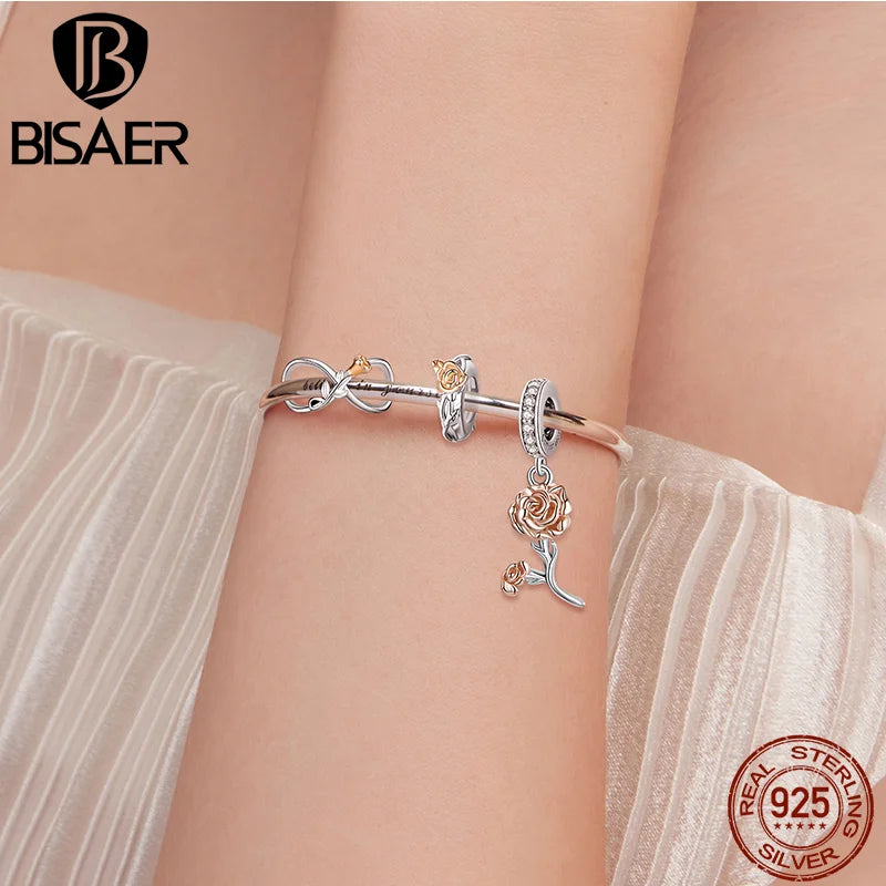 BISAER 925 Sterling Silver Rose Gold Charm Bead Heart Flower Pendant For Girl Bracelet DIY Mother's Day Birthday Fine Jewelry