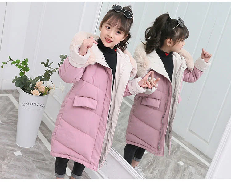 New Girls clothing Winter Warm down Cotton Jackets Children parka faux Fur Collar Coat Girl Thicken overalls Hooded kids Clothes