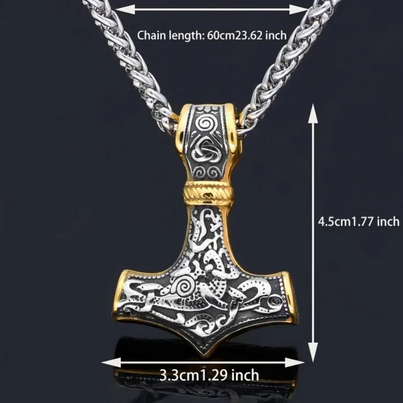 Fashionable And Exquisite New Retro Nordic Viking Hammer Pendant Wolf Head Necklace For Personalized Men'S Amulet Jewelry Gift