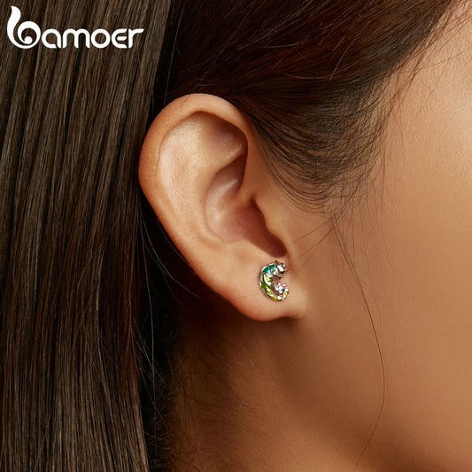 Bamoer 925 Sterling Silver Hummingbird Ear Buckles Bird Insect Hoop Earring Natural for Women Party Birthday Gift Fine Jewelry