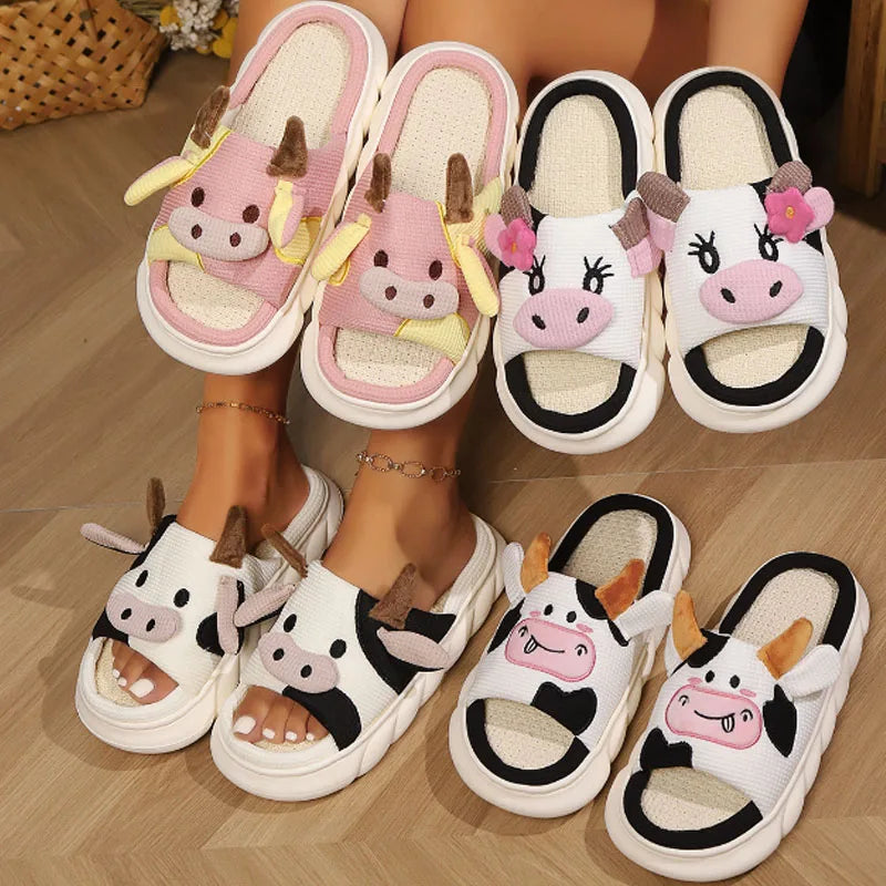 Family home platform slipper cartoon cow trampling shit feeling ladies dormitory four seasons linen slipper man