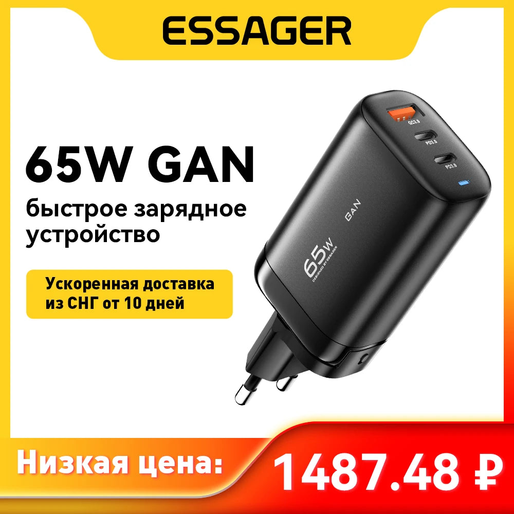 شاحن Essager 65W GaN USB Type C لأجهزة الكمبيوتر المحمولة PPS 45W 25W شحن سريع لهاتف Samsung QC3.0 PD3.0 لهاتف iPhone14 13 Pro