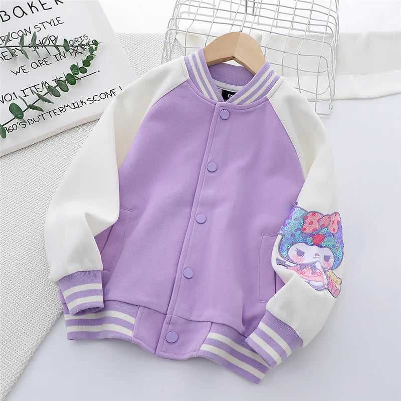 Sanrios Kids Kuromi Baseball Uniform Spring Autumn Coat Cinnamoroll Cute Cardigan Jacket Cartoon Tops My Melody Anime Girl Gift